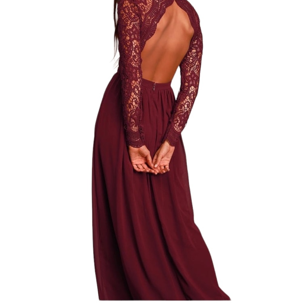Lulus Burgundy Awaken My Love Long Sleeve Lace Maxi Dress Open Back Style (8737) - Picture 15 of 15